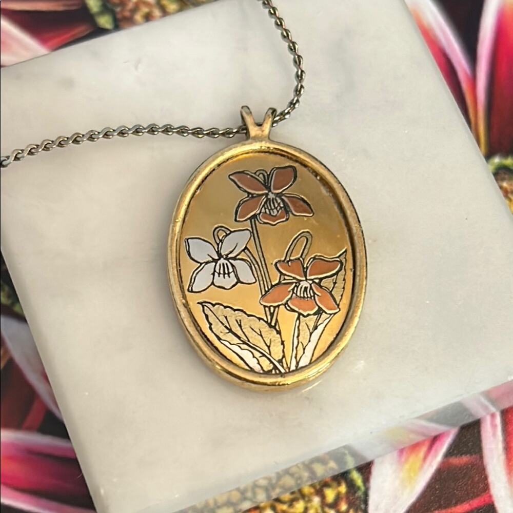 Reed & Barton February Violet Damascene Pendant Necklace #178 Vintage 18” chain